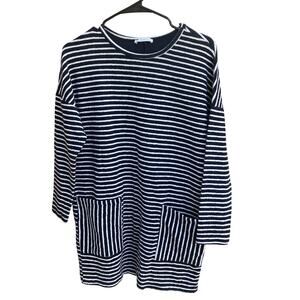 Zara Trafaluc Womens Size S Long Sleeve Blue White Shift Dress Pockets